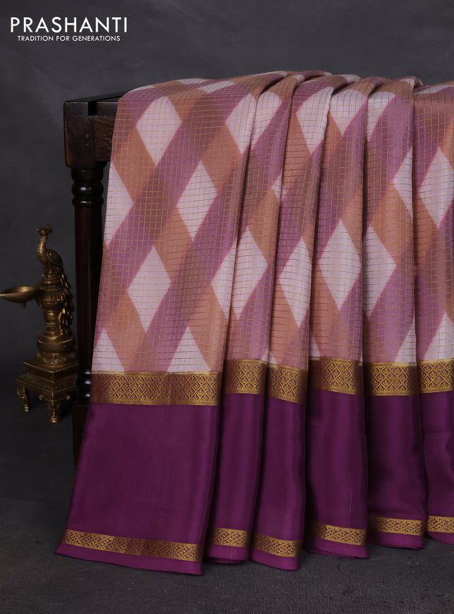 Pure mysore silk saree multi colour and wine shade with allover checks & geometric prints and rettapet zari woven border