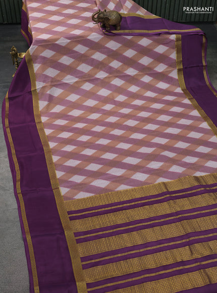 Pure mysore silk saree multi colour and wine shade with allover checks & geometric prints and rettapet zari woven border