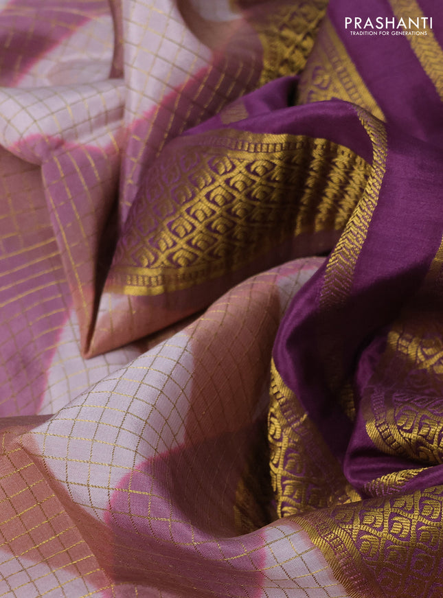 Pure mysore silk saree multi colour and wine shade with allover checks & geometric prints and rettapet zari woven border