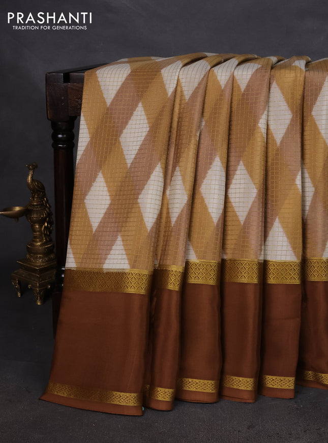 Pure mysore silk saree multi colour and brown with allover checks & geometric prints and rettapet zari woven border