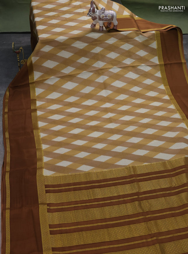 Pure mysore silk saree multi colour and brown with allover checks & geometric prints and rettapet zari woven border