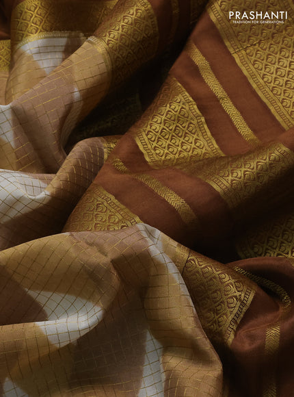 Pure mysore silk saree multi colour and brown with allover checks & geometric prints and rettapet zari woven border