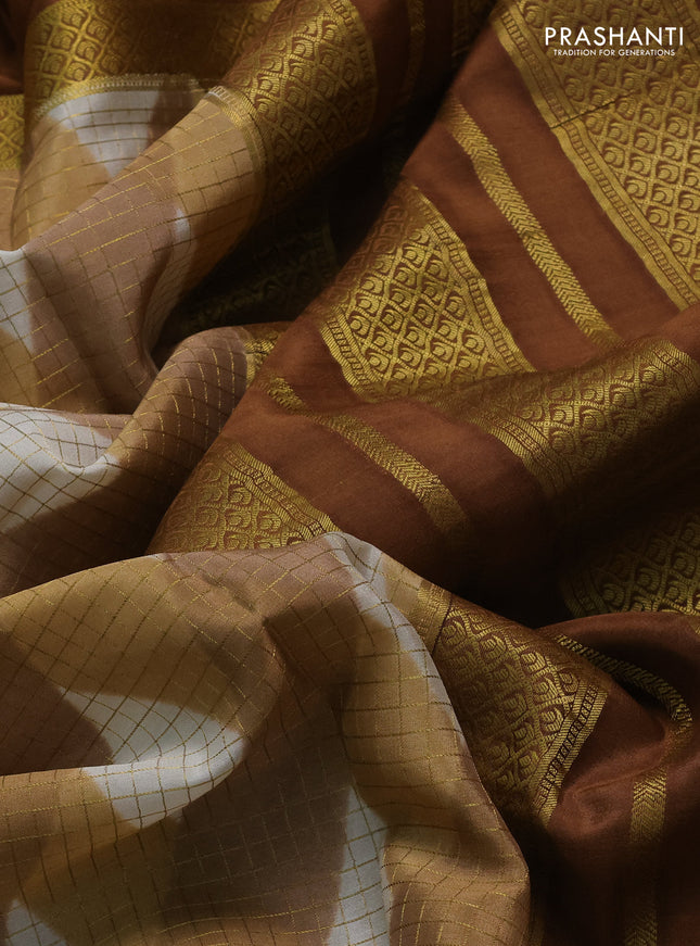 Pure mysore silk saree multi colour and brown with allover checks & geometric prints and rettapet zari woven border