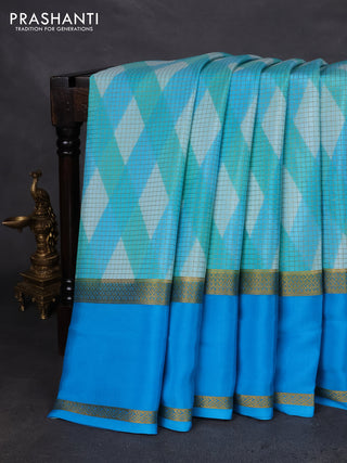 Pure mysore silk saree multi colour and teal blue with allover checks & geometric prints and rettapet zari woven border