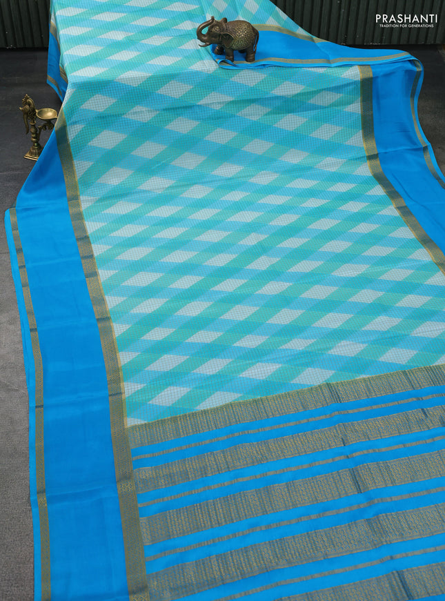 Pure mysore silk saree multi colour and teal blue with allover checks & geometric prints and rettapet zari woven border
