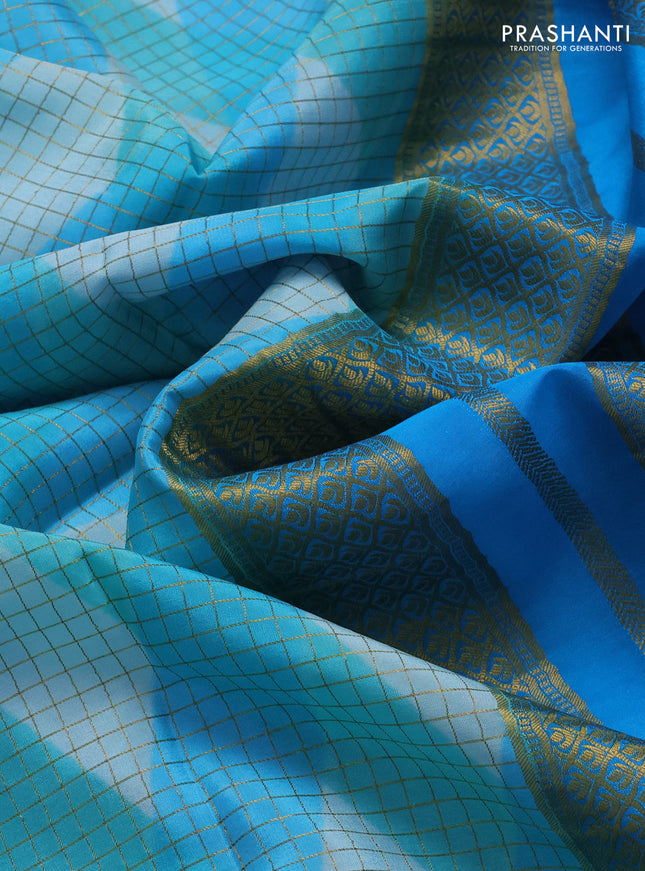 Pure mysore silk saree multi colour and teal blue with allover checks & geometric prints and rettapet zari woven border
