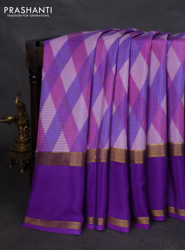 Pure mysore silk saree lavender and violet shade with allover checks & geometric prints and rettapet zari woven border