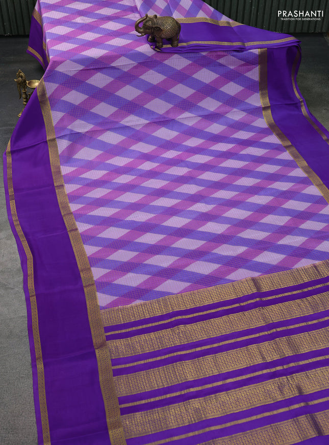 Pure mysore silk saree lavender and violet shade with allover checks & geometric prints and rettapet zari woven border