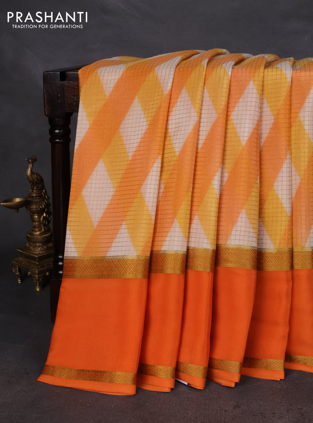 Pure mysore silk saree multi colour and orange with allover checks & geometric prints and rettapet zari woven border