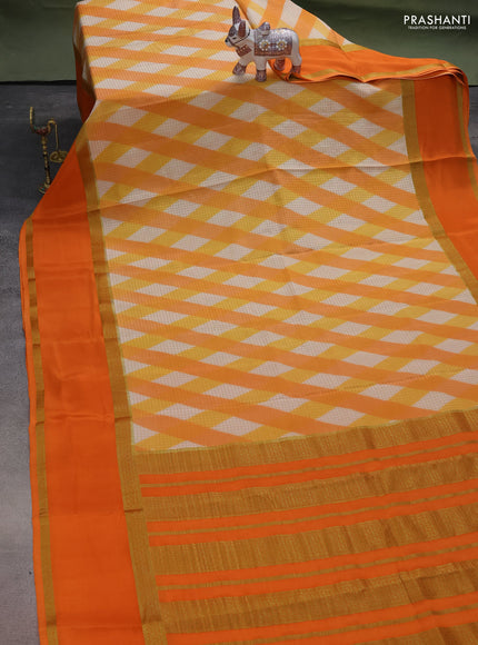 Pure mysore silk saree multi colour and orange with allover checks & geometric prints and rettapet zari woven border