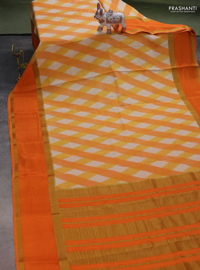 Pure mysore silk saree multi colour and orange with allover checks & geometric prints and rettapet zari woven border