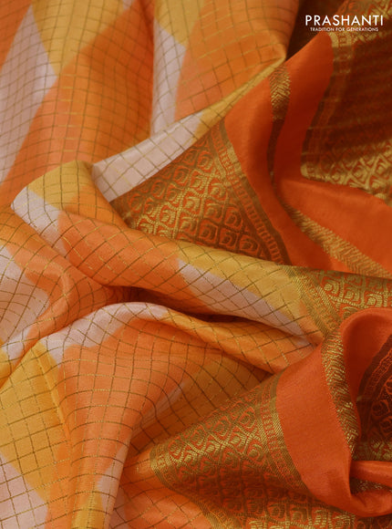 Pure mysore silk saree multi colour and orange with allover checks & geometric prints and rettapet zari woven border
