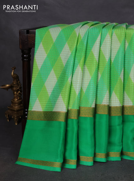 Pure mysore silk saree green with allover checks & geometric prints and rettapet zari woven border