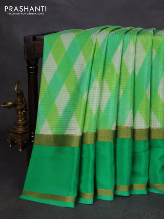Pure mysore silk saree green with allover checks & geometric prints and rettapet zari woven border