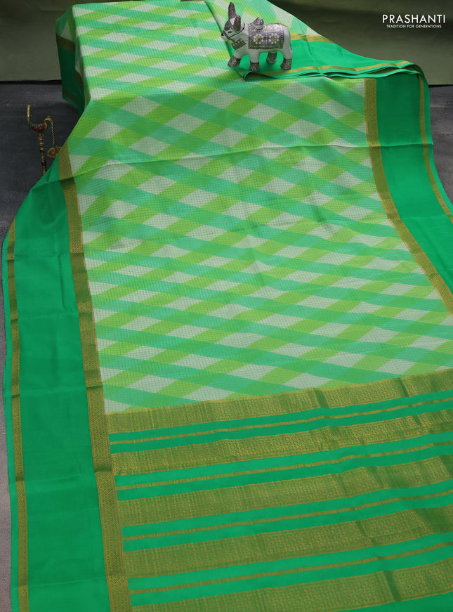 Pure mysore silk saree green with allover checks & geometric prints and rettapet zari woven border