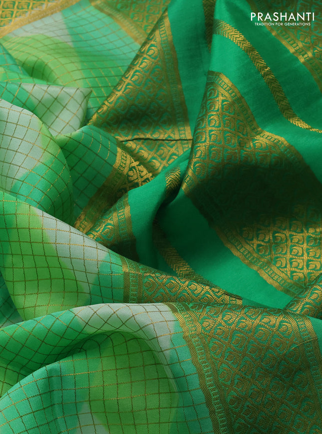 Pure mysore silk saree green with allover checks & geometric prints and rettapet zari woven border