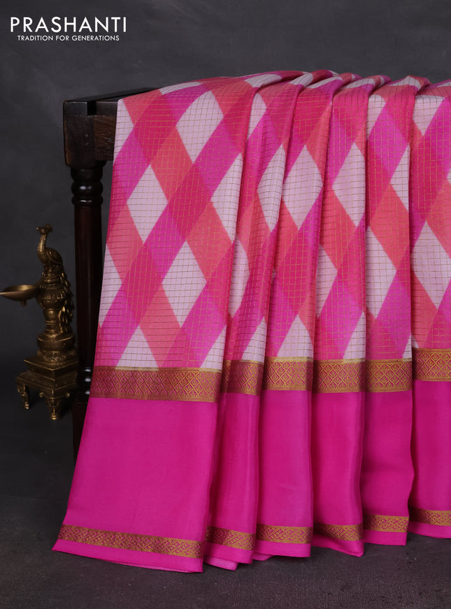 Pure mysore silk saree multi colour and pink with allover checks & geometric prints and rettapet zari woven border