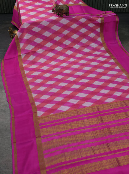 Pure mysore silk saree multi colour and pink with allover checks & geometric prints and rettapet zari woven border