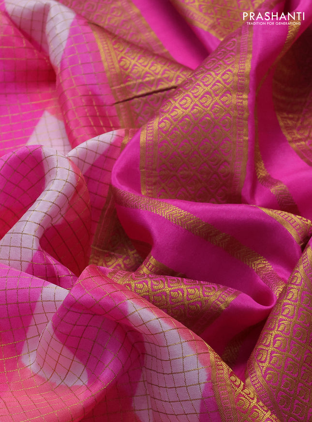 Pure mysore silk saree multi colour and pink with allover checks & geometric prints and rettapet zari woven border