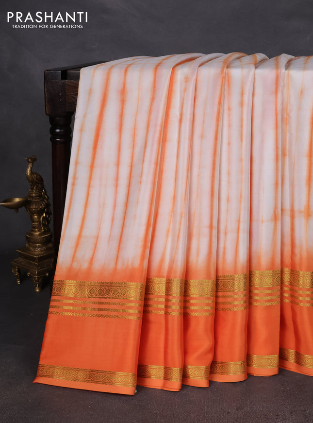 Pure mysore silk saree off white and orange with allover shibori prints and rettapet zari woven border