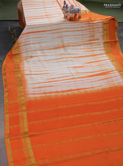 Pure mysore silk saree off white and orange with allover shibori prints and rettapet zari woven border