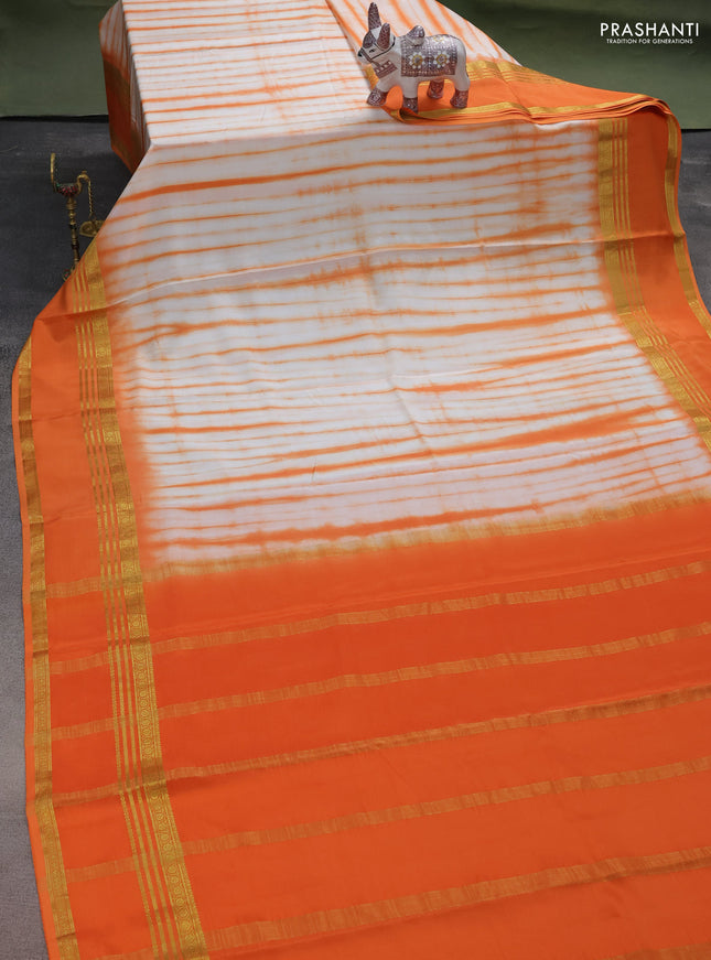 Pure mysore silk saree off white and orange with allover shibori prints and rettapet zari woven border