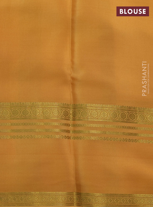 Pure mysore silk saree off white and mustard yellow with allover shibori prints and rettapet zari woven border