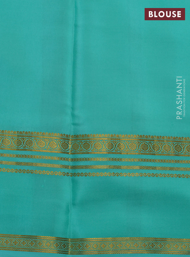 Pure mysore silk saree off white and teal green with allover shibori prints and rettapet zari woven border