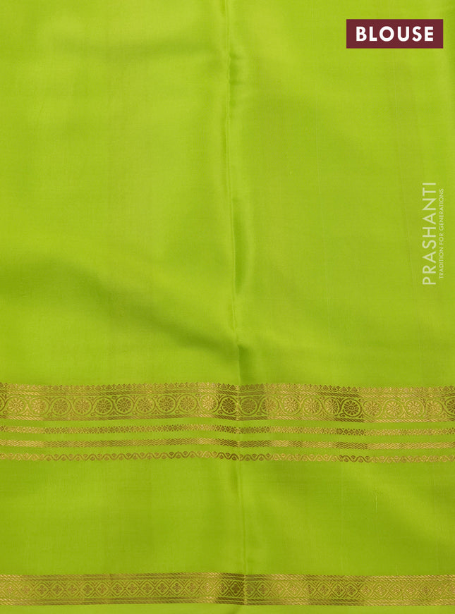 Pure mysore silk saree off white and fluorescent green with allover shibori prints and rettapet zari woven border