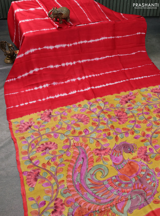 Printed silk saree red and yellow with shibori prints and kalamkari hand painted pallu & blouse