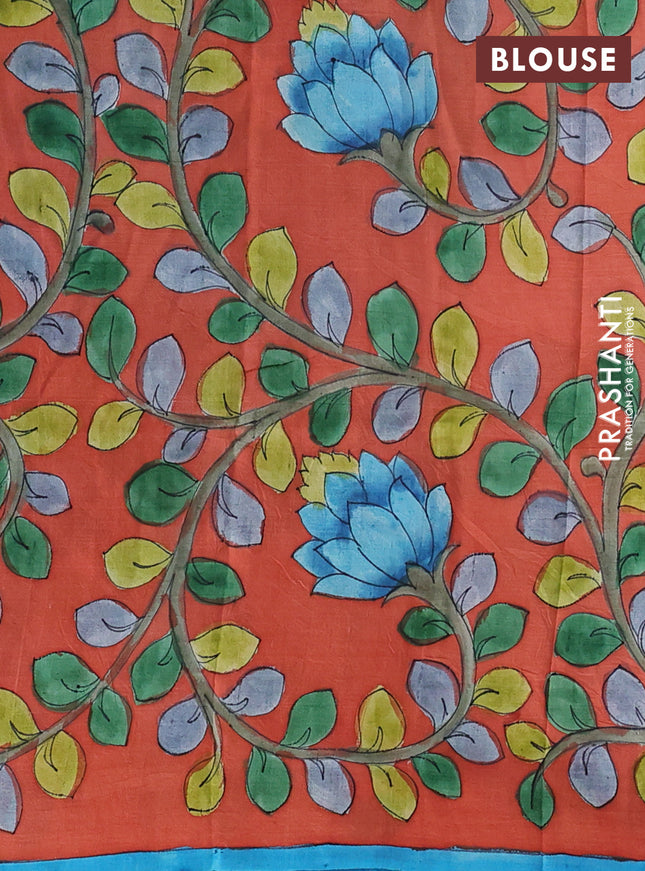 Printed silk saree cs blue and orange with shibori prints and kalamkari hand painted pallu & blouse