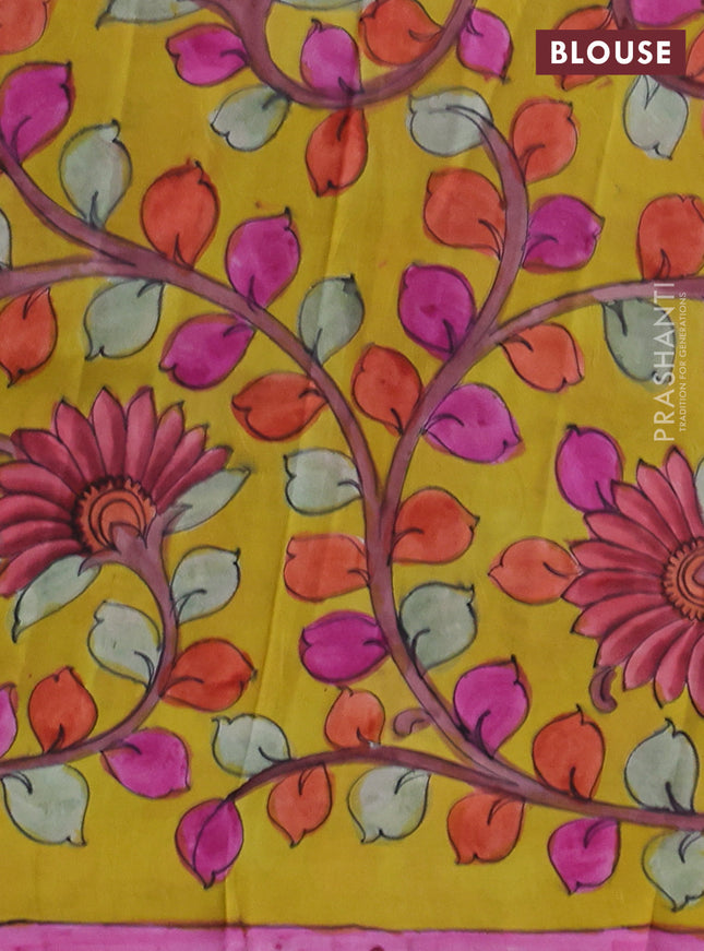Printed silk saree pink and mustard yellow with shibori prints and kalamkari hand painted pallu & blouse