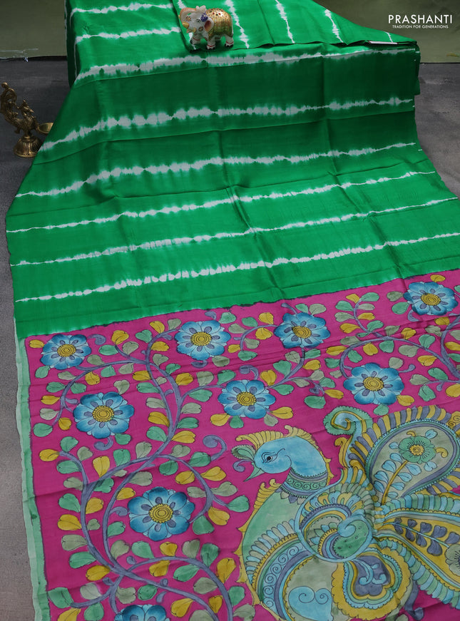 Printed silk saree green and purple with shibori prints and kalamkari hand painted pallu & blouse