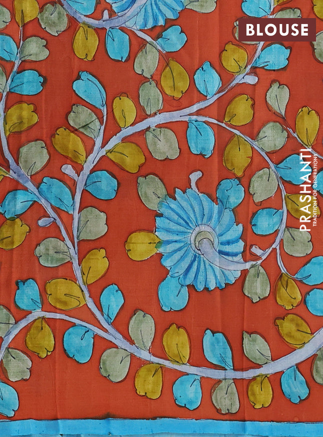 Printed silk saree cs blue and rustic orange with shibori prints and kalamkari hand painted pallu & blouse