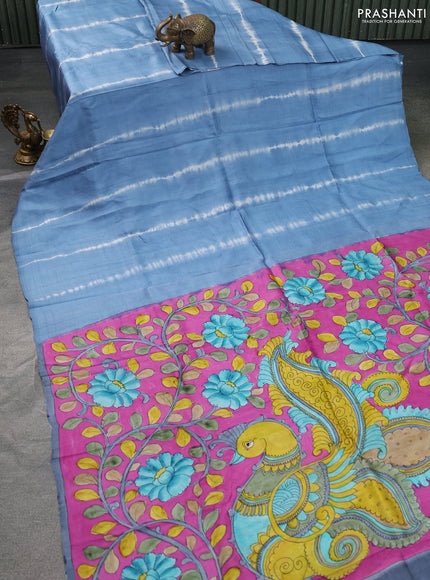 Printed silk saree bluish grey and magenta pink with shibori prints and kalamkari hand painted pallu & blouse