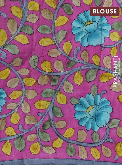 Printed silk saree bluish grey and magenta pink with shibori prints and kalamkari hand painted pallu & blouse