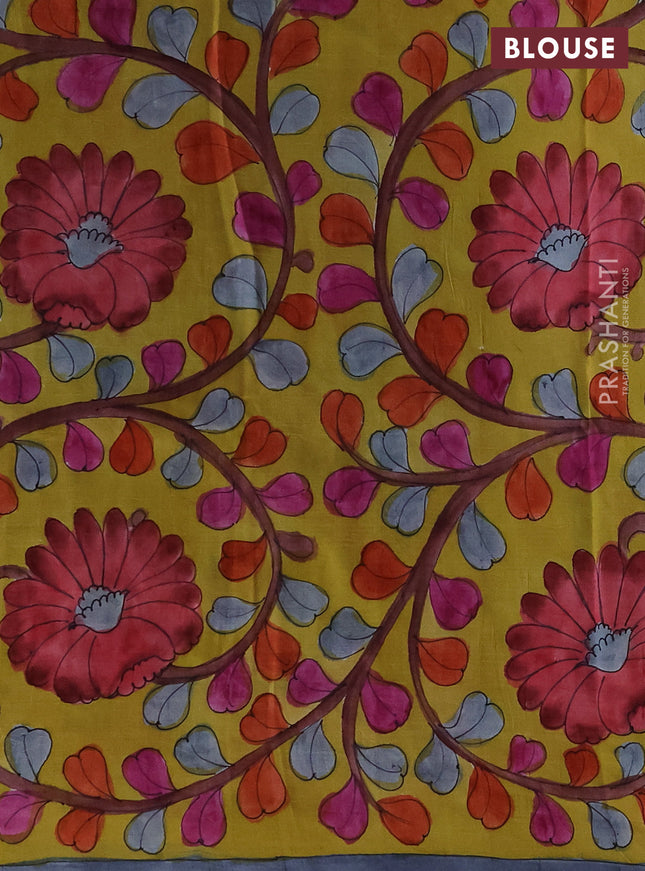 Printed silk saree black and mustard yellow with shibori prints and kalamkari hand painted pallu & blouse