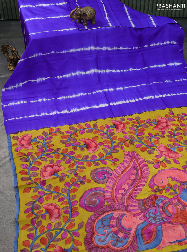 Printed silk saree royal blue and mustard yellow with shibori prints and kalamkari hand painted pallu & blouse