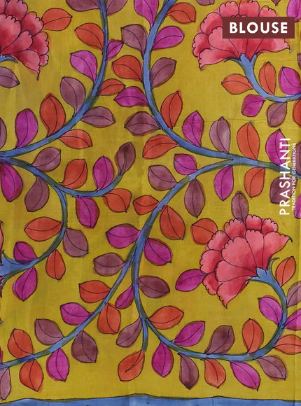 Printed silk saree royal blue and mustard yellow with shibori prints and kalamkari hand painted pallu & blouse