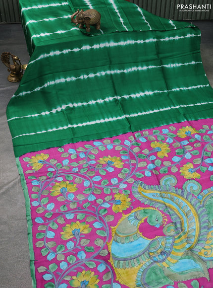 Printed silk saree green and magenta pink with shibori prints and kalamkari hand painted pallu & blouse