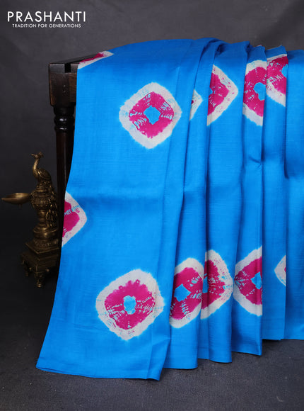 Printed silk saree cs blue and magenta pink with shibori butta prints and kalamkari hand painted pallu & blouse