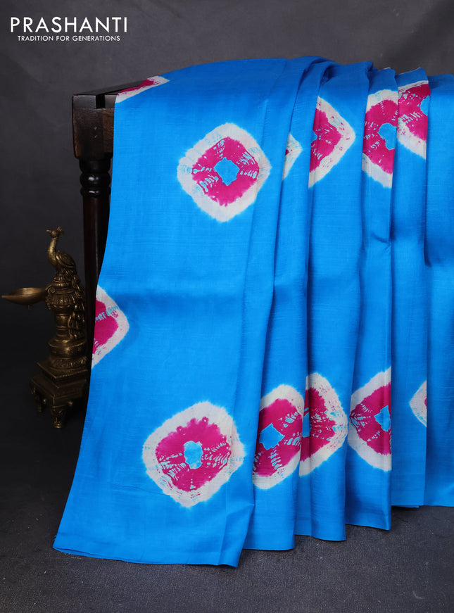 Printed silk saree cs blue and magenta pink with shibori butta prints and kalamkari hand painted pallu & blouse