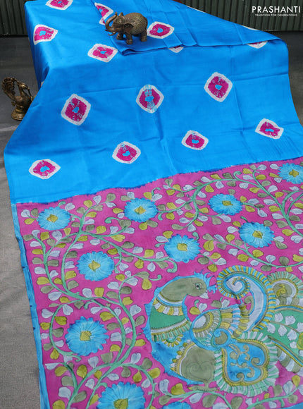Printed silk saree cs blue and magenta pink with shibori butta prints and kalamkari hand painted pallu & blouse