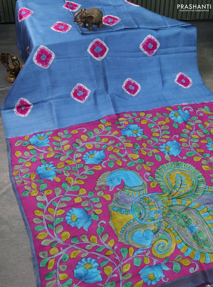 Printed silk saree blue shade and magenta pink with shibori butta prints and kalamkari hand painted pallu & blouse
