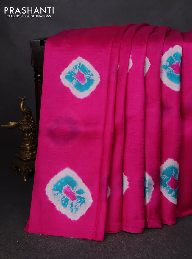 Printed silk saree pink and mustard yellow with shibori butta prints and kalamkari hand painted pallu & blouse