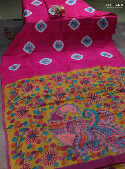Printed silk saree pink and mustard yellow with shibori butta prints and kalamkari hand painted pallu & blouse