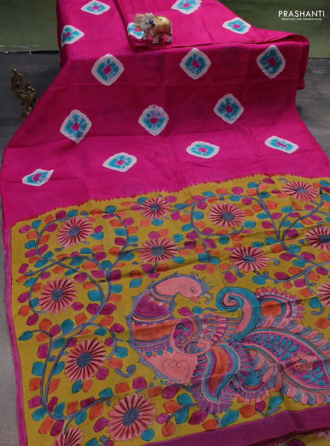 Printed silk saree pink and mustard yellow with shibori butta prints and kalamkari hand painted pallu & blouse