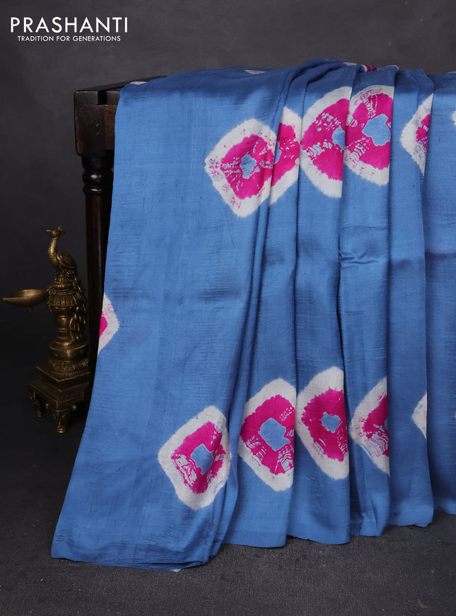 Printed silk saree blue shade and yellow with shibori butta prints and kalamkari hand painted pallu & blouse