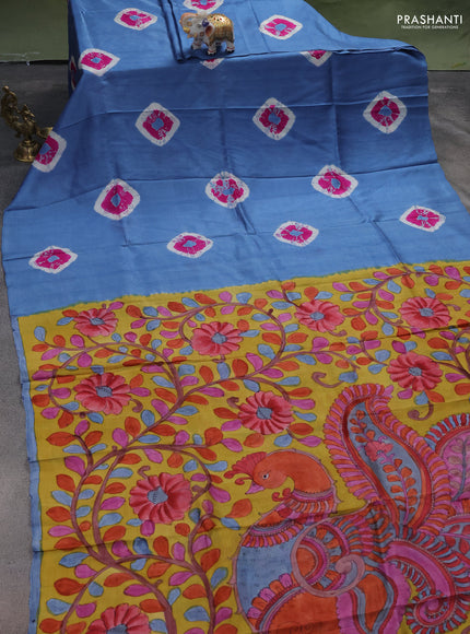 Printed silk saree blue shade and yellow with shibori butta prints and kalamkari hand painted pallu & blouse