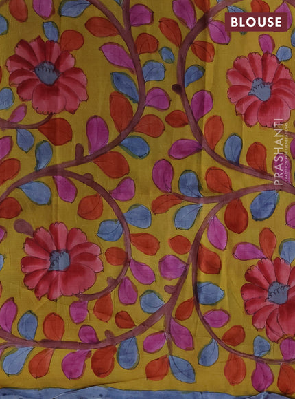 Printed silk saree blue shade and yellow with shibori butta prints and kalamkari hand painted pallu & blouse